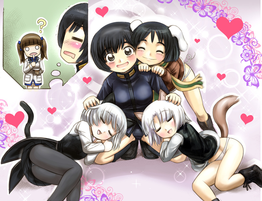 5girls :d ? animal_ears black_eyes black_hair blank_eyes blush boots bowl brave_witches brown_hair bug butterfly cat_ears cat_tail cheek-to-cheek closed_eyes commentary dog_ears dog_tail drooling edytha_rossmann fox_ears fox_tail georgette_lemare hair_ribbon harem heart hosoinogarou imagining insect jacket kanno_naoe lap_pillow multiple_girls no_pants open_mouth panties petting ribbon sanya_v_litvyak scarf shimohara_sadako short_hair silver_hair sleeping smile sparkle_background spoon squatting strike_witches tail track_jacket twintails underwear world_witches_series yuri