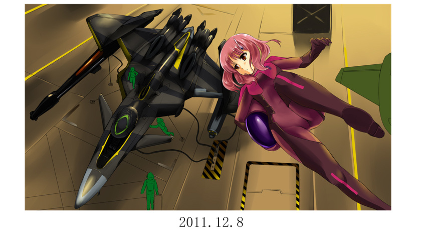 1girl 2011 3boys bodysuit box cable camouflage canards commentary commentary_request container cyborg dated energy_cannon engineer floating gloves gunpod hangar headgear headwear_removed helmet helmet_removed hose long_hair looking_to_the_side macross macross_30 macross_frontier mecha mizuki_(mizuki_ame) multiple_boys original pilot_suit pink_hair prototype red_eyes repairing science_fiction sign sketch space_craft spacecraft_interior spacesuit thrusters variable_fighter warning_sign zero_gravity