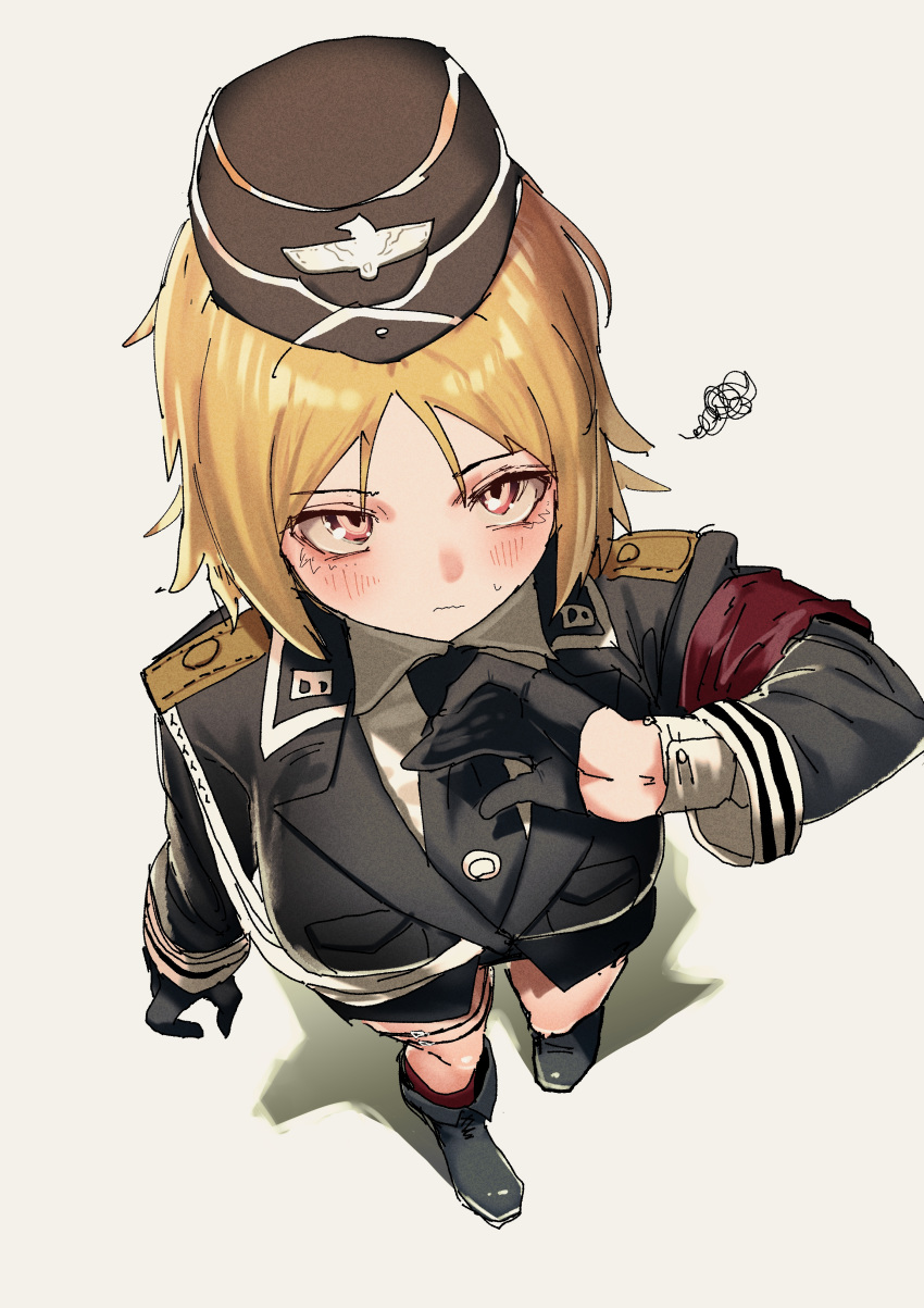 1girl absurdres akitaka_takaaki black_footwear black_gloves black_headwear black_neckwear black_shirt blonde_hair boots brown_background brown_eyes collared_shirt from_above girls_frontline gloves half_gloves hat highres knee_boots long_sleeves military military_hat military_uniform mp40_(girls_frontline) necktie shirt short_hair simple_background solo squiggle uniform white_shirt