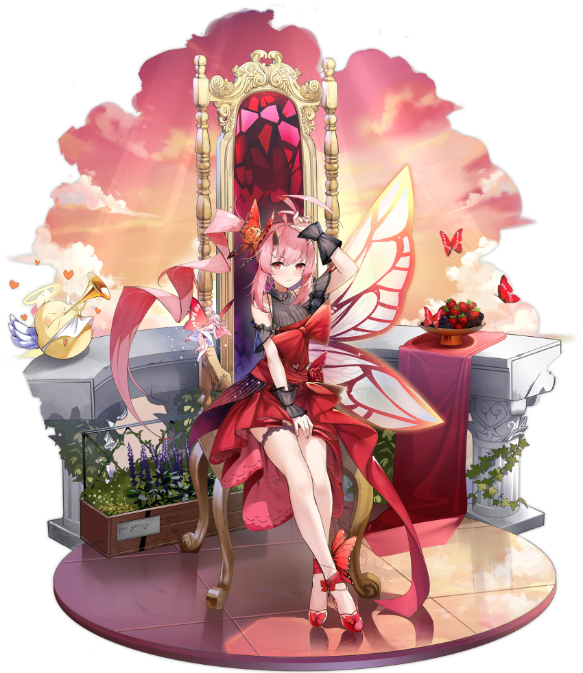 1girl animal arm_up azur_lane balcony bare_legs bare_shoulders bird bug butterfly butterfly_hair_ornament butterfly_wings chick closed_mouth clothing_cutout cloud dress food fruit full_body hair_ornament halo highres ikazuchi_(azur_lane) ikazuchi_(dawn's_thunder)_(azur_lane) insect instrument leg_garter long_hair looking_at_viewer manjuu_(azur_lane) official_art ootsuki_momiji pink_hair ponytail red_dress red_eyes red_footwear red_theme reflection ribbed_dress ruby_(gemstone) shoulder_cutout side_ponytail sitting solo strawberry throne transparent_background trumpet very_long_hair wings wrist_cuffs