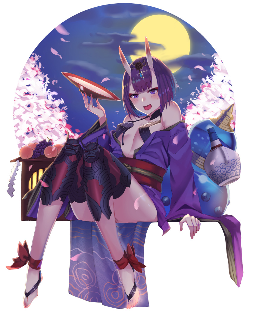 1girl absurdres alcohol bangs bare_shoulders barefoot_sandals blush bob_cut breasts cherry_blossoms collarbone cup eyeliner fate/grand_order fate_(series) feet food fruit full_moon gourd grapes headpiece highres horns japanese_clothes kimono legs long_sleeves looking_at_viewer makeup moon night night_sky obi off_shoulder oni oni_horns open_mouth peach petals purple_eyes purple_hair purple_kimono revealing_clothes sakazuki sake sash short_hair shuten_douji_(fate/grand_order) sitting skin-covered_horns sky small_breasts smile t_bone_(06tbone) wide_sleeves