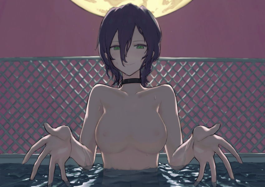 1girl 900p absurdres areolae black_choker black_hair breasts chainsaw_man choker collarbone green_eyes hair_between_eyes highres looking_at_viewer medium_breasts medium_hair moon moonlight navel night night_sky nipples nude outdoors partially_submerged pool reze_(chainsaw_man) sky smile solo standing water