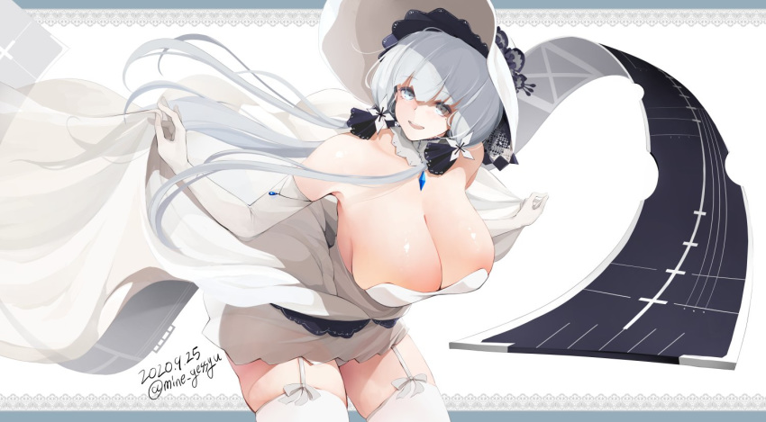 1girl azur_lane bangs bare_shoulders blue_eyes blush breasts cleavage collarbone detached_collar dress elbow_gloves garter_straps gloves hat illustrious_(azur_lane) jewelry large_breasts long_hair looking_at_viewer mine_(wizard) open_mouth pendant smile sun_hat thighhighs thighs tri_tails white_dress white_gloves white_headwear white_legwear