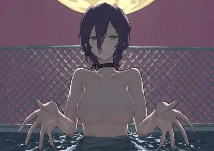 1girl 900p absurdres areolae bad_hands black_choker black_hair breasts chainsaw_man choker collarbone commentary green_eyes hair_between_eyes highres looking_at_viewer medium_breasts medium_hair moon moonlight navel night night_sky nipples nude outdoors partially_submerged pool reze_(chainsaw_man) sky smile solo standing water