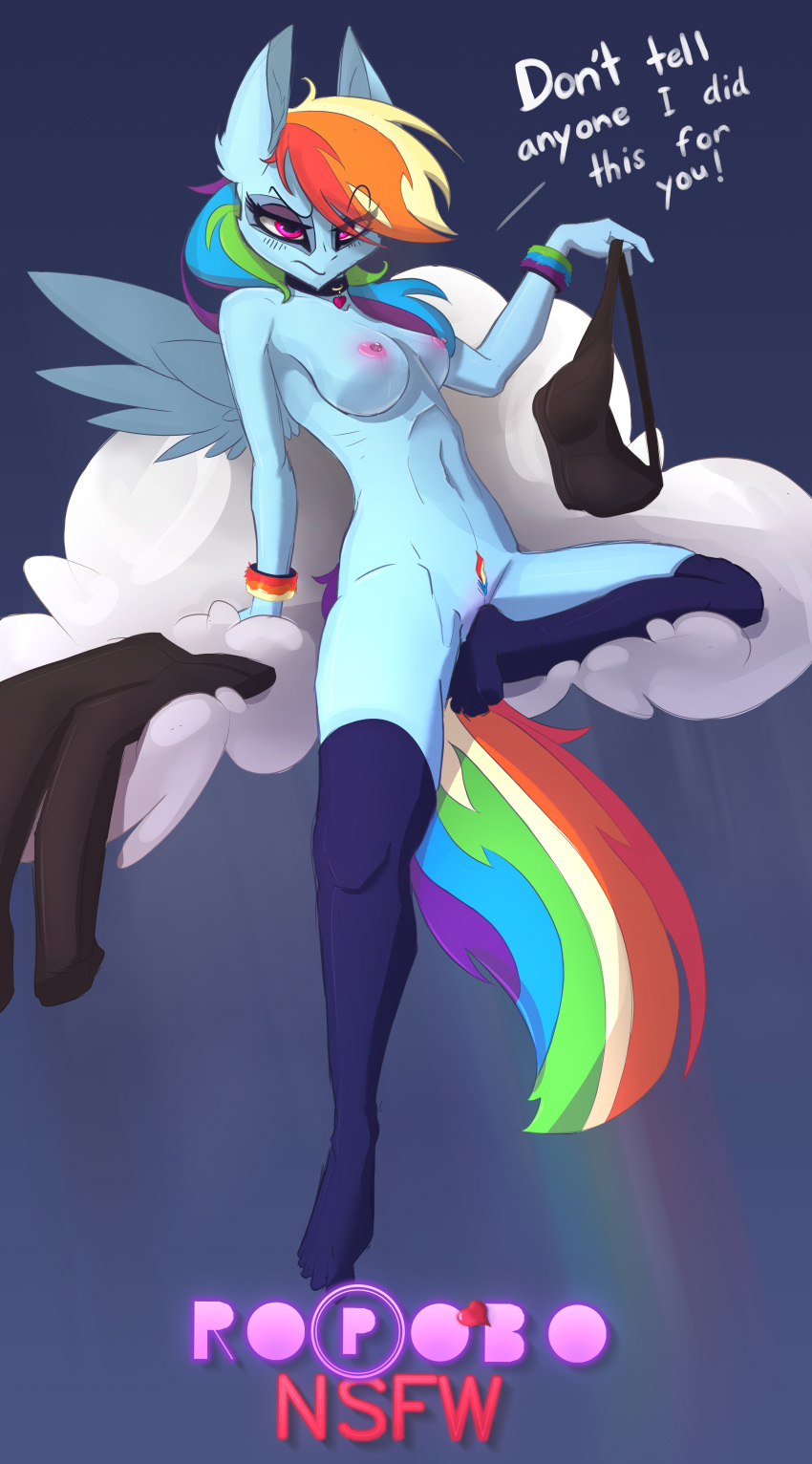 absurd_res anthro areola bra breasts choker clothing cloud equid equine eyeshadow female footwear friendship_is_magic hair hasbro hi_res horse jewelry leggings legwear looking_at_viewer makeup mammal multicolored_hair my_little_pony navel necklace nipples nude pegasus pinup pony pose pubes rainbow_dash_(mlp) rainbow_hair rainbow_pubes ropobo_nsfw socks solo sports_bra spread_legs spread_wings spreading underwear undressing wings