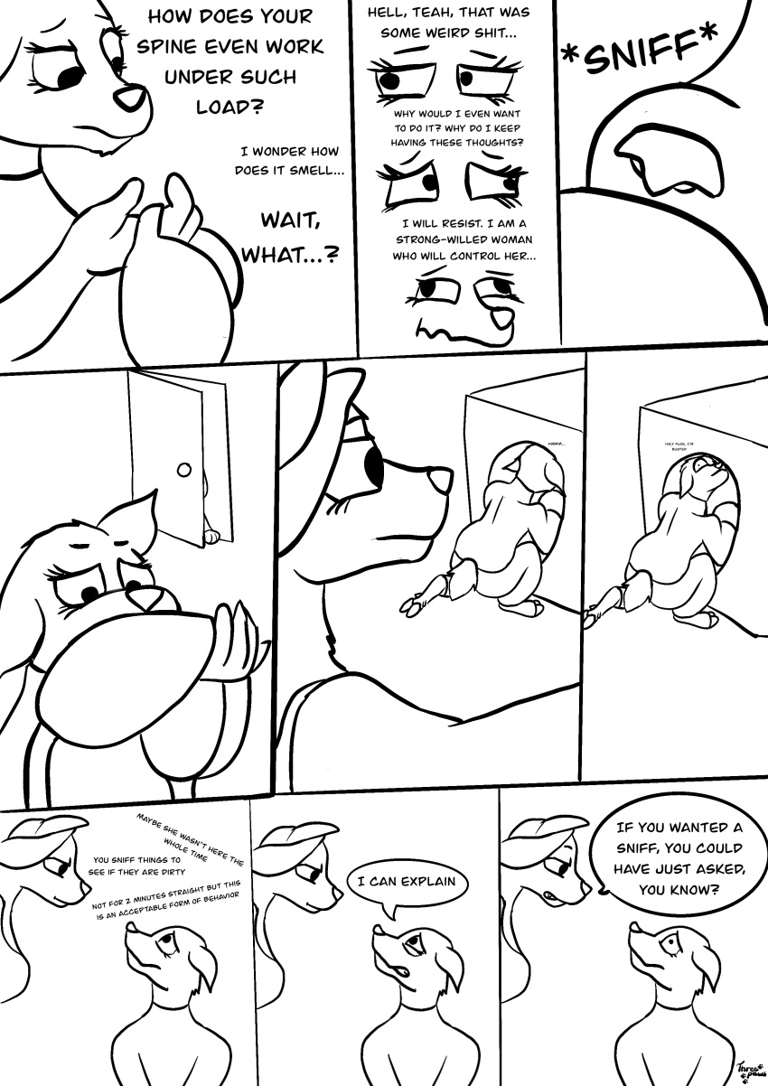 absurd_res anthro canid canine canis cervid clothed clothing comic duo english_text female fur hair hi_res hooves laundry mammal maura_(threepaws) monochrome open_mouth simple_background sniffing teah_(threepaws) text threepaws wolf