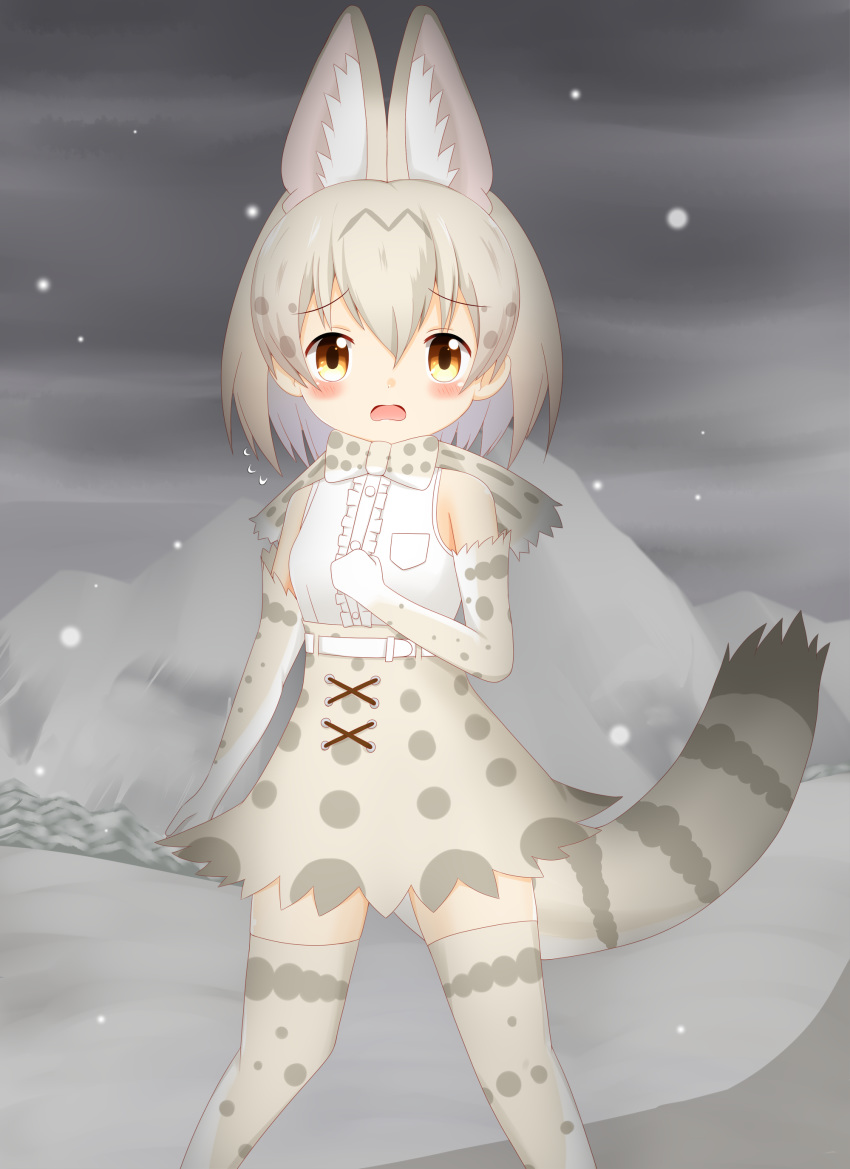 1girl absurdres alternate_color animal_ear_fluff animal_ears bangs bare_shoulders blush breasts brown_eyes center_frills cloud cloudy_sky commentary elbow_gloves eyebrows_visible_through_hair frills gloves grey_gloves grey_hair grey_legwear grey_skirt hair_between_eyes high-waist_skirt highres kemono_friends looking_at_viewer mountain open_mouth outdoors overcast serval_(kemono_friends) shin01571 shirt skirt sky sleeveless sleeveless_shirt small_breasts snow snowing solo standing striped_tail tail thighhighs white_gloves white_shirt