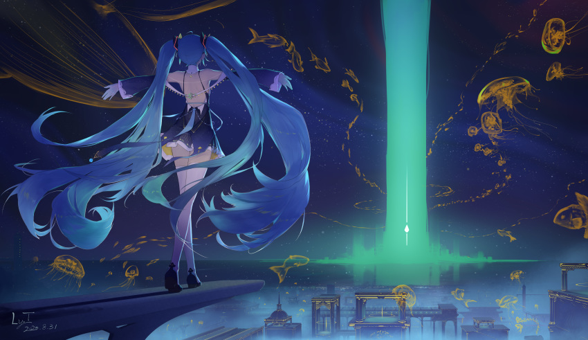 1girl absurdres aqua_hair bare_shoulders beam blue_footwear blue_hair building coin_(ornament) detached_sleeves dress facing_away flying_fish flying_whale from_behind gloves hair_ornament hatsune_miku highres horizon jellyfish jewelry long_hair ly.t night night_sky outdoors outstretched_arms reflection school_of_fish shadow shoes short_dress sky sleeve_cuffs solo spread_arms thighhighs twintails very_long_hair vocaloid walking white_gloves white_legwear zettai_ryouiki