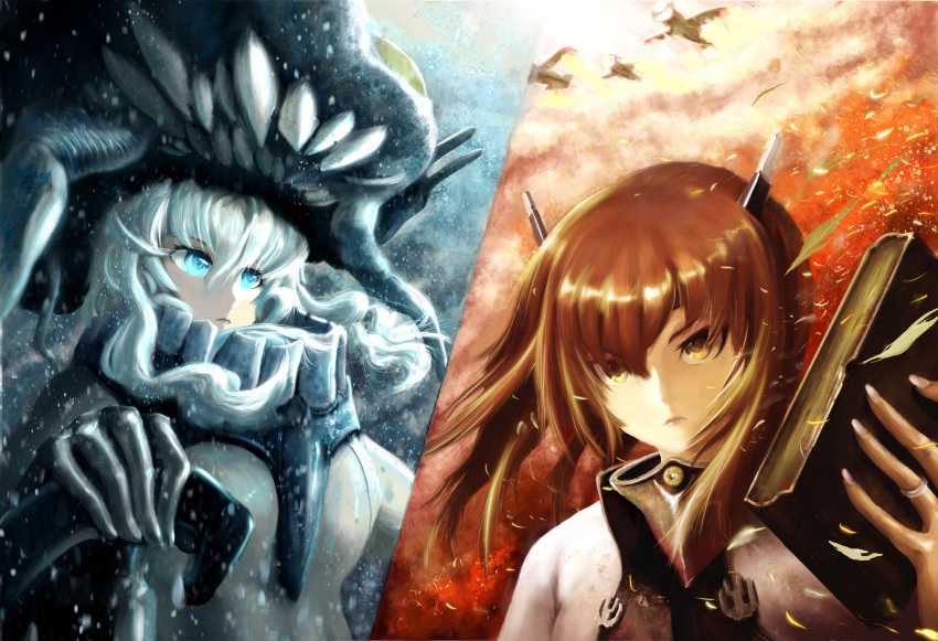 2girls absurdres aircraft airplane alexzhang black_headwear blue_eyes brown_eyes brown_hair cannon glowing glowing_eyes hat headband headgear highres jewelry kantai_collection long_hair multiple_girls pale_skin ring shinkaisei-kan short_hair taihou_(kantai_collection) teeth tentacles turret upper_body wedding_band white_hair wo-class_aircraft_carrier