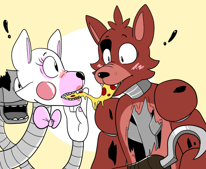 ! 2015 animatronic anthro blush bow canid canine cheek_tuft confusion duo eating eye_patch eyelashes eyewear facial_tuft female fingers five_nights_at_freddy's five_nights_at_freddy's_2 food fox foxy_(fnaf) head_tuft hook itsaaudraw lipstick machine makeup male mammal mangle_(fnaf) nails pink_body pizza red_body robot sharp_teeth teeth tuft video_games white_body
