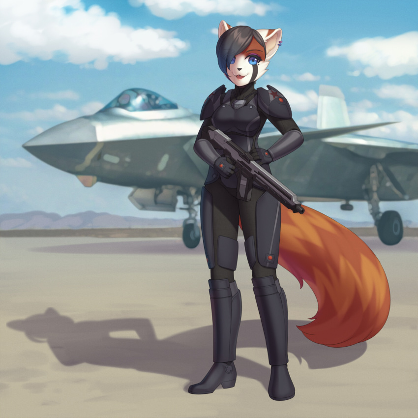 1:1 ailurid aircraft airplane anthro cloud cristalavi f-35 female gun hi_res jet mammal ranged_weapon red_panda shadow sky solo weapon