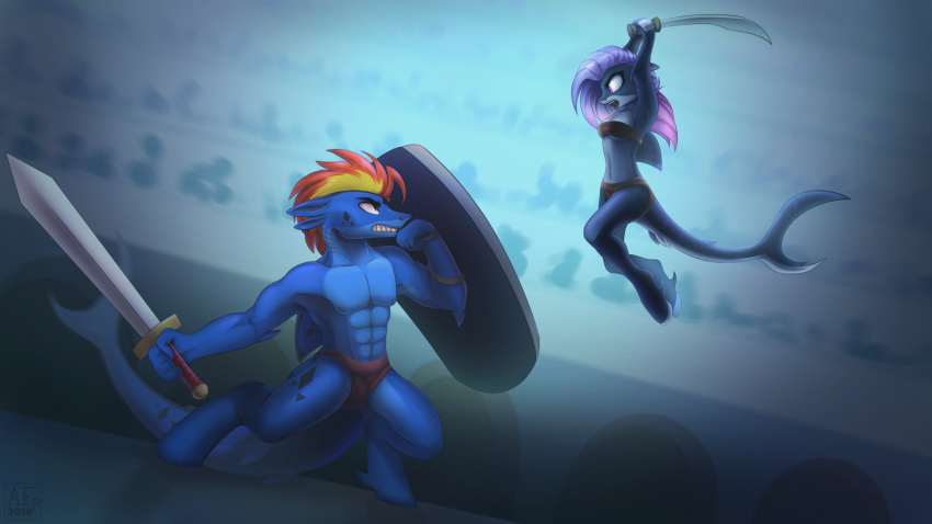 2019 absurd_res airfly-pony anthro arena blonde_hair blue_body clenched_teeth clothed clothing countershade_face countershade_torso countershading duo elpida equid equine fan_character female fight fish hair hasbro hi_res horse hybrid jumping looking_at_another male mammal marine melee_weapon midair multicolored_hair muscular muscular_male my_little_pony navel orange_hair pony purple_eyes purple_hair shark shark_tail shield signature sword teeth text underwear weapon wing_hurricane
