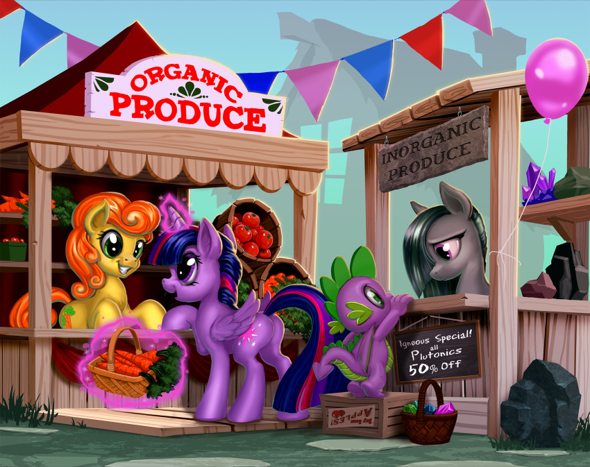 apple basket carrot carrot_top_(mlp) dragon equid equine female food friendship_is_magic fruit gem gemstones harwick hi_res horn horse male mammal marble_pie_(mlp) market market_stall marketplace my_little_pony plant pony spike_(mlp) twilight_sparkle_(mlp) vegetable winged_dragon winged_unicorn wings