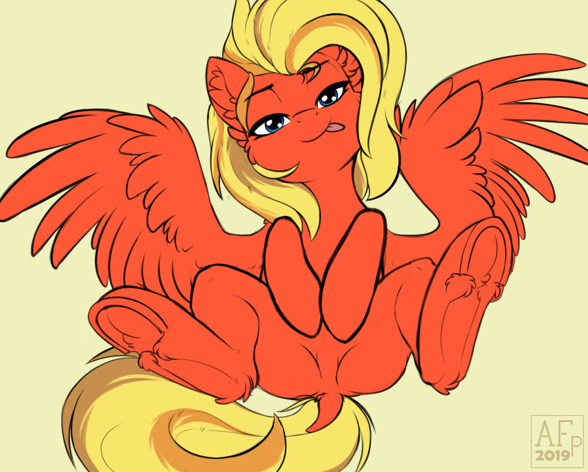 2019 absurd_res airfly-pony blonde_mane blue_eyes dock equid equine fan_character feathered_wings feathers featureless_crotch female feral fur hasbro hi_res inner_ear_fluff looking_at_viewer lying mammal mane my_little_pony on_back pegasus presenting_crotch red_body red_feathers red_fur red_wings signature simple_background solo spread_legs spreading text tongue tongue_out tuft underhoof wings yellow_background yellow_tail