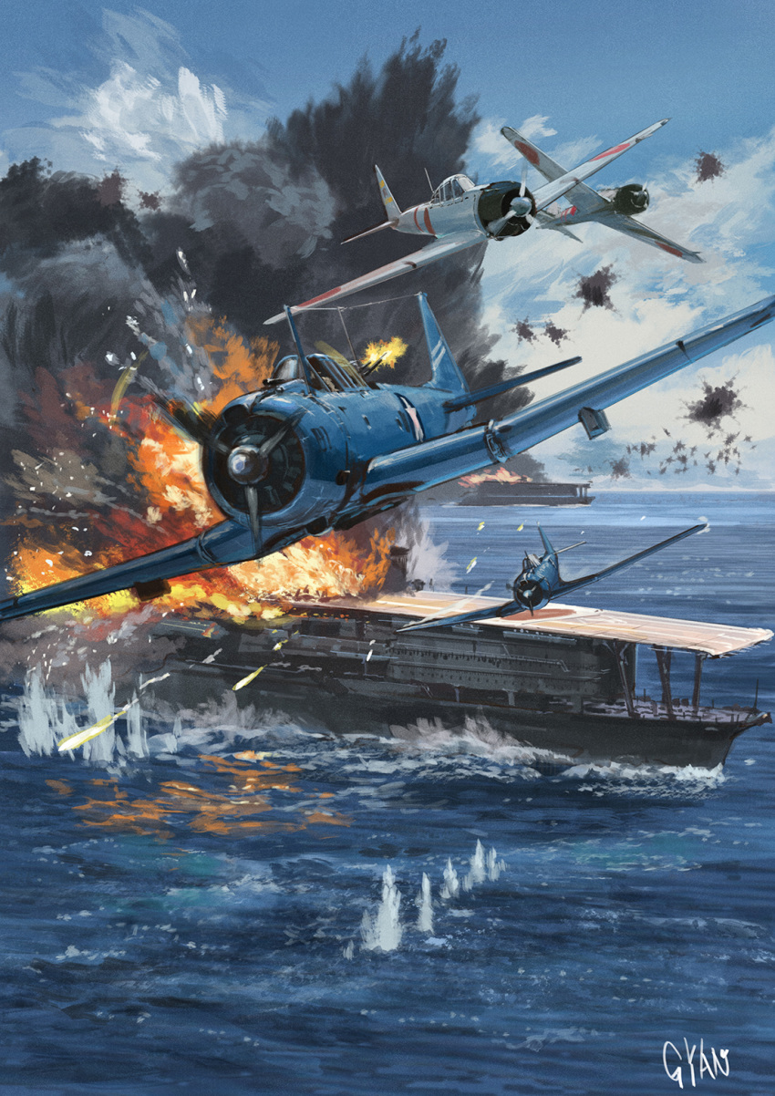 a6m_zero aircraft aircraft_carrier airplane battle commentary_request explosion fire gun gyan_(akenosuisei) highres huge_filesize imperial_japanese_navy machine_gun military military_vehicle no_humans ocean original sbd_dauntless scenery ship sky united_states_navy warship water watercraft weapon world_war_ii