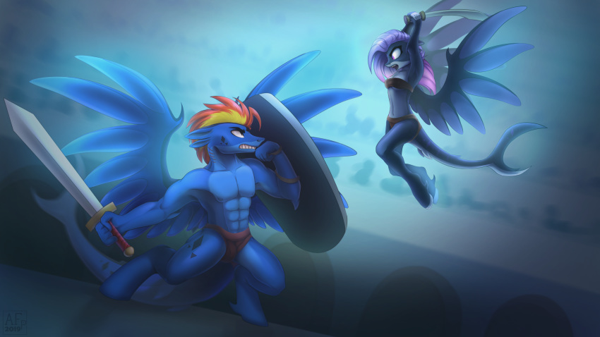 2019 absurd_res airfly-pony anthro arena blonde_hair blue_body blue_feathers blue_wings clenched_teeth clothed clothing countershade_face countershade_torso countershading duo elpida equid equine fan_character feathered_wings feathers female fight fish hair hasbro hi_res hybrid jumping looking_at_another male mammal marine melee_weapon midair multicolored_hair muscular muscular_male my_little_pony navel orange_hair pegasus purple_eyes purple_hair shark shark_tail shield signature sword teeth text underwear weapon wing_hurricane wings
