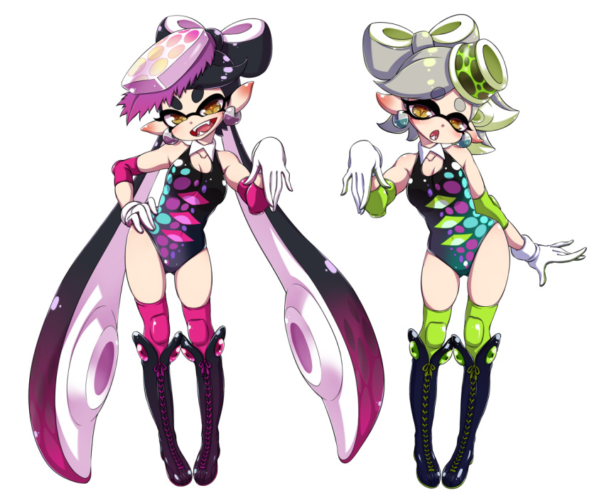 +_+ 2girls adapted_costume aori_(splatoon) black_hair boots detached_collar earrings elbow_pads fangs gloves hanya_(hanya_yashiki) hotaru_(splatoon) jewelry knee_boots knee_pads leotard long_hair multiple_girls pointy_ears pose short_hair silver_hair splatoon_(series) tentacle_hair thighhighs very_long_hair white_background white_gloves wrestling_outfit yellow_eyes