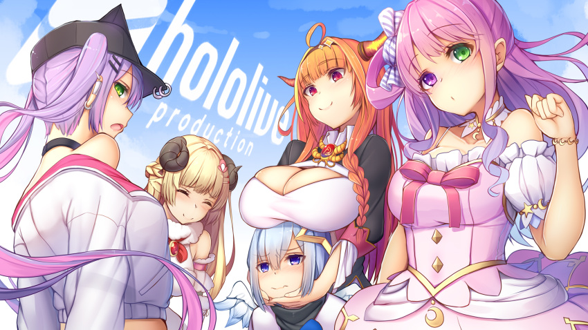 5girls ahoge amane_kanata blonde_hair blue_hair blush breasts cleavage commentary_request green_eyes heterochromia highres himemori_luna hololive horns kiryuu_coco large_breasts long_hair looking_at_viewer medium_breasts multiple_girls open_mouth orange_hair pink_hair purple_eyes purple_hair smile tatapopo tokoyami_towa tsunomaki_watame twintails virtual_youtuber