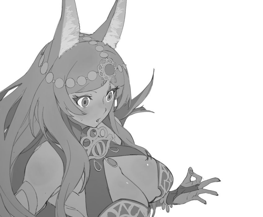 1girl absurdres animal_ears bangs bare_shoulders blush breasts bridal_gauntlets cleavage dark_skin fate/grand_order fate_(series) forehead_jewel greyscale head_chain highres jackal_ears large_breasts long_hair monochrome open_mouth parted_bangs queen_of_sheba_(fate/grand_order) simple_background white_background wr_(karakusa_senbei)