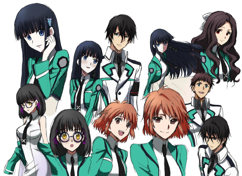 2boys 3girls black_hair blue_eyes brown_hair chiba_erika first_high_school_uniform glasses graphite_(medium) long_hair mahouka_koukou_no_rettousei multiple_boys multiple_girls multiple_views orange_hair red_eyes saegusa_mayumi saijou_leonhart sbs school_uniform shiba_miyuki shiba_tatsuya shibata_mizuki short_hair traditional_media yellow_eyes