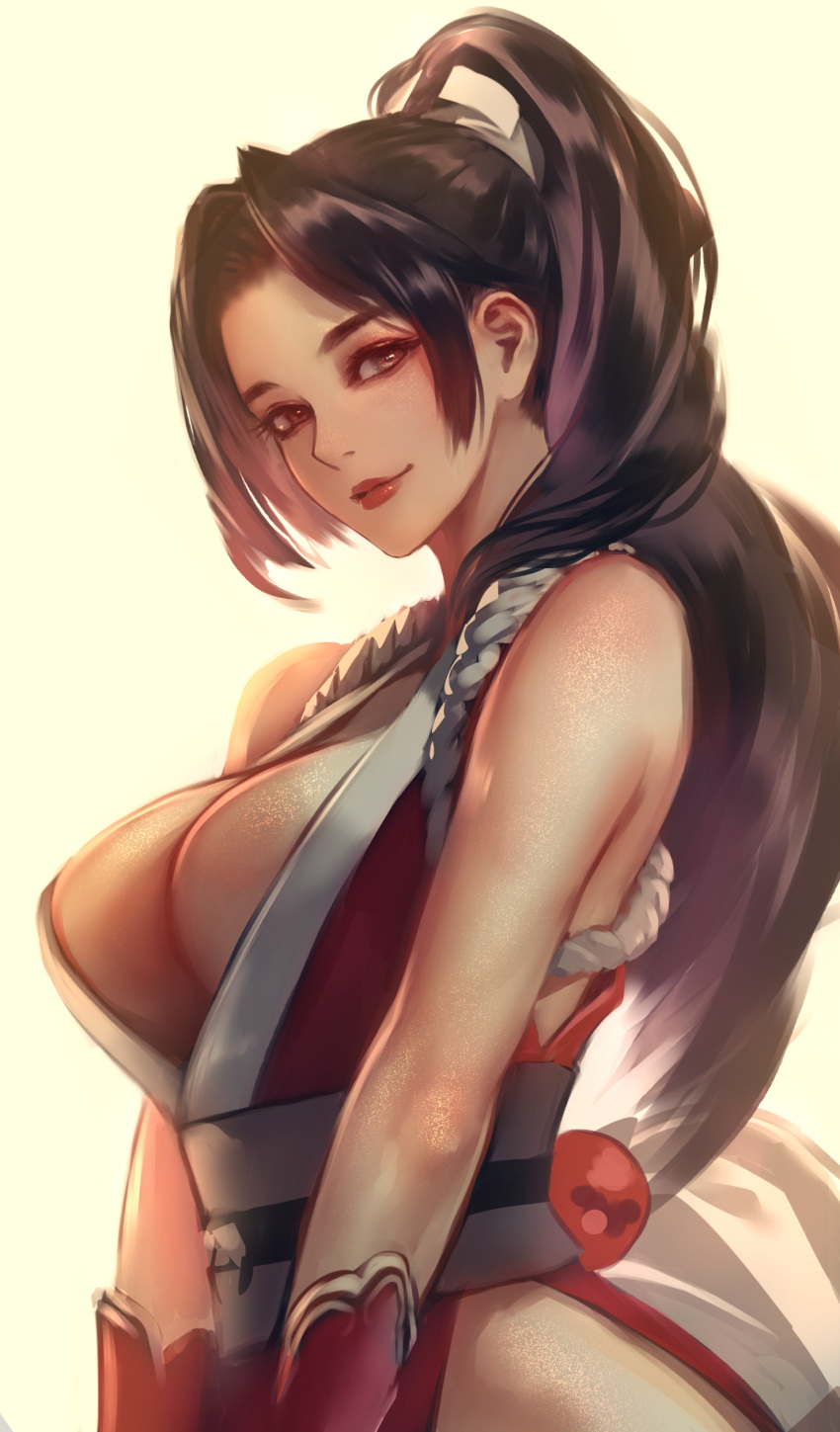 1girl absurdres bare_shoulders black_hair blush breasts brown_eyes cleavage closed_mouth fatal_fury high_ponytail highres japanese_clothes kaburagi_yasutaka kimono large_breasts long_hair looking_at_viewer obi red_kimono red_lips sash shiranui_mai simple_background sleeveless sleeveless_kimono smile solo the_king_of_fighters upper_body very_long_hair white_background