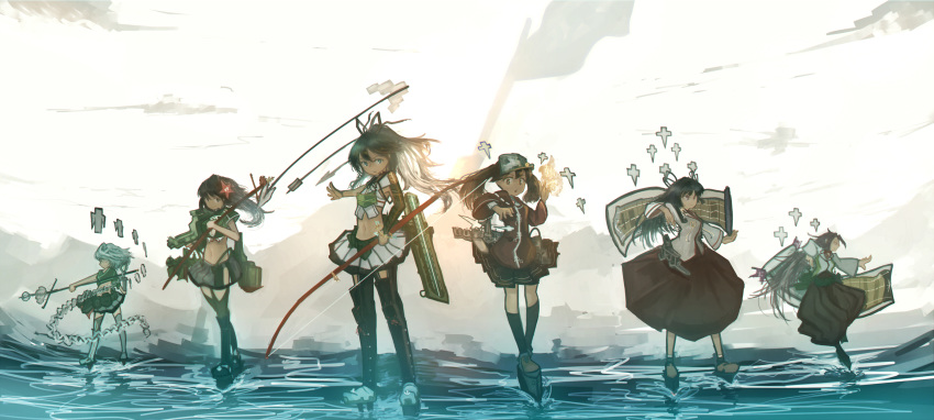 6+girls amagi_(kantai_collection) black_hair black_skirt blouse blue_eyes braid brown_eyes brown_hair dress_shirt eyebrows_visible_through_hair hair_between_eyes hair_ornament hair_ribbon hakama highres hiyou_(kantai_collection) japanese_clothes jun'you_(kantai_collection) kantai_collection kariginu katsuragi_(kantai_collection) leaf leaf_hair_ornament long_hair long_sleeves magatama maple_leaf mifuru multiple_girls navel pleated_skirt purple_eyes purple_hair red_hakama red_shirt ribbon ryuujou_(kantai_collection) shikigami shirt silver_hair single_braid skirt standing standing_on_liquid twintails unryuu_(kantai_collection) very_long_hair visor_cap white_blouse wide_ponytail