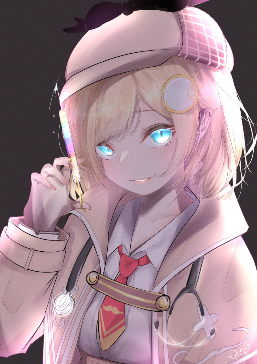 1girl black_background blonde_hair blue_eyes english_commentary glowing glowing_eyes highres holding holding_syringe hololive hololive_english looking_at_viewer mini_necktie necktie red_neckwear smirk solo stethoscope syringe urotare watson_amelia