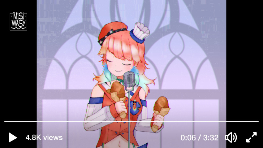 1girl artist_name chef_hat chicken_leg closed_eyes dancing fake_video food green_hair hat highres holding holding_food hololive hololive_english holomyth meme microphone midriff misiwasy multicolored_hair navel red_hair red_shirt rickroll shirt sleeveless sleeveless_shirt smile solo takanashi_kiara virtual_youtuber