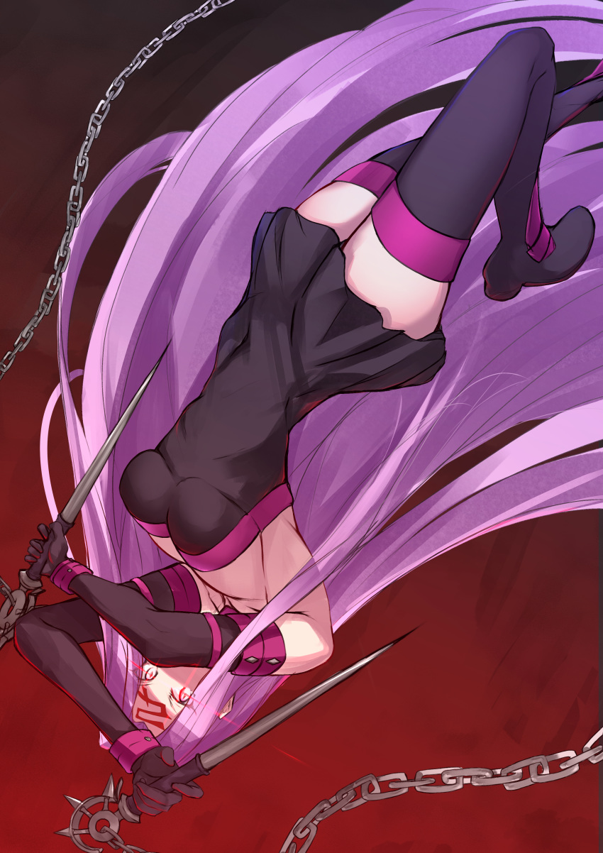 1girl absurdres bangs black_dress black_footwear black_sleeves boots breasts chain collar dagger detached_sleeves dress facial_mark fate/stay_night fate_(series) forehead_mark highres long_hair long_sleeves looking_at_viewer nameless_dagger nanakaku purple_collar purple_eyes purple_hair rider short_dress thigh_boots thighhighs upside-down very_long_hair weapon