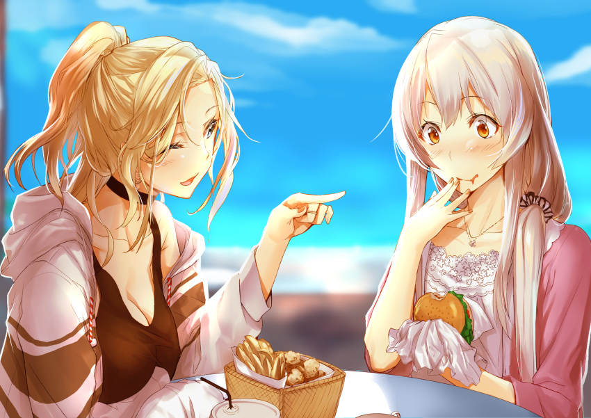 2girls bangs blonde_hair blue_eyes blurry blurry_background breasts choker cleavage cup disposable_cup drinking_straw eating eyebrows_visible_through_hair fast_food food french_fries hamburger highres holding holding_food hornet_(kantai_collection) kantai_collection kyougoku_touya lettuce long_hair looking_at_another medium_breasts multiple_girls one_eye_closed open_mouth orange_eyes pointing short_ponytail shoukaku_(kantai_collection) tank_top white_hair