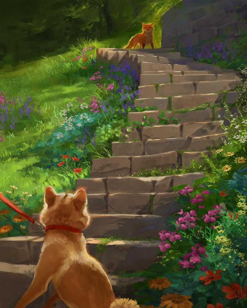 2020 ambiguous_gender canid canine canis collar day detailed_background digital_media_(artwork) domestic_dog duo feral fox grass hi_res mammal outside stairs tamberella