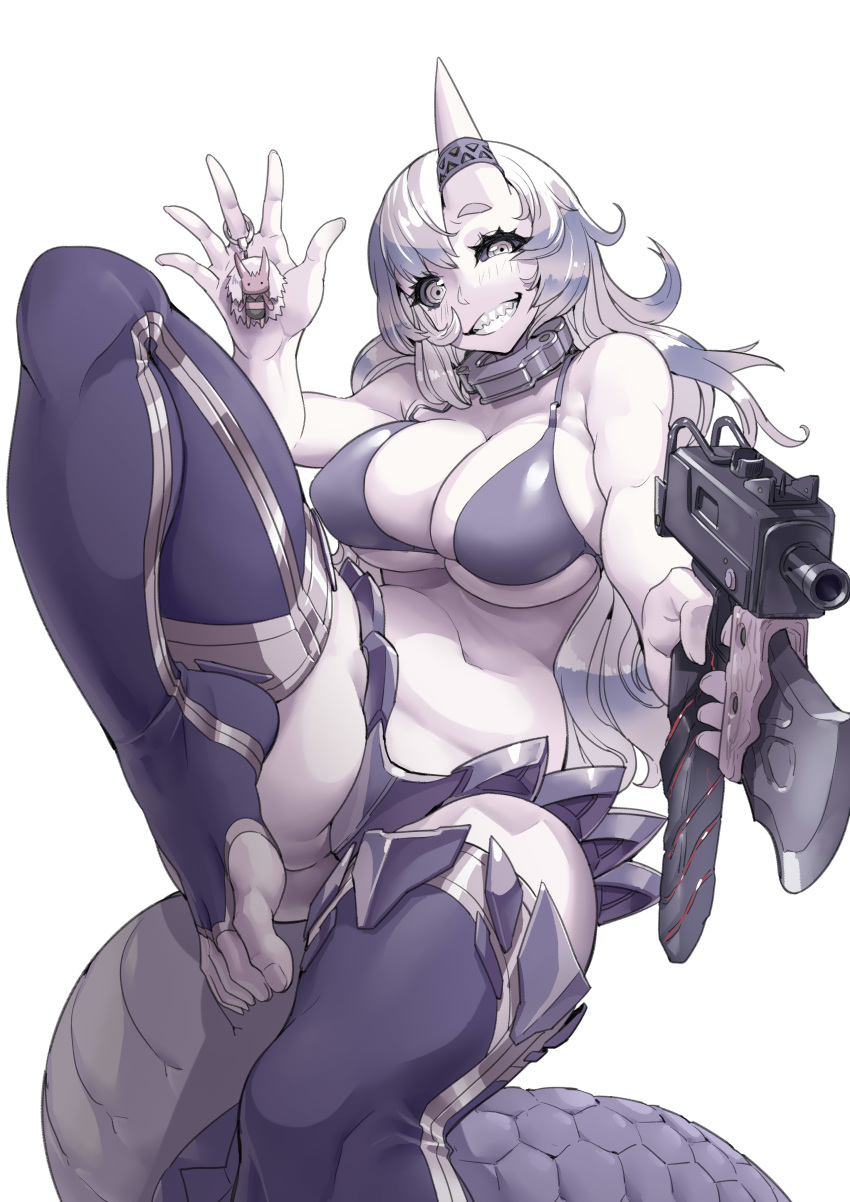 1girl absurdres bare_shoulders bikini bikini_top black_sclera blade blush covered_nipples fingernails grey_eyes gun highres holding holding_gun holding_weapon horns keychain long_hair navel oni original parted_lips pointing_weapon scales sharp_teeth shizuoxing_kof simple_background single_horn smile solo swimsuit tail teeth toenails weapon white_background white_hair