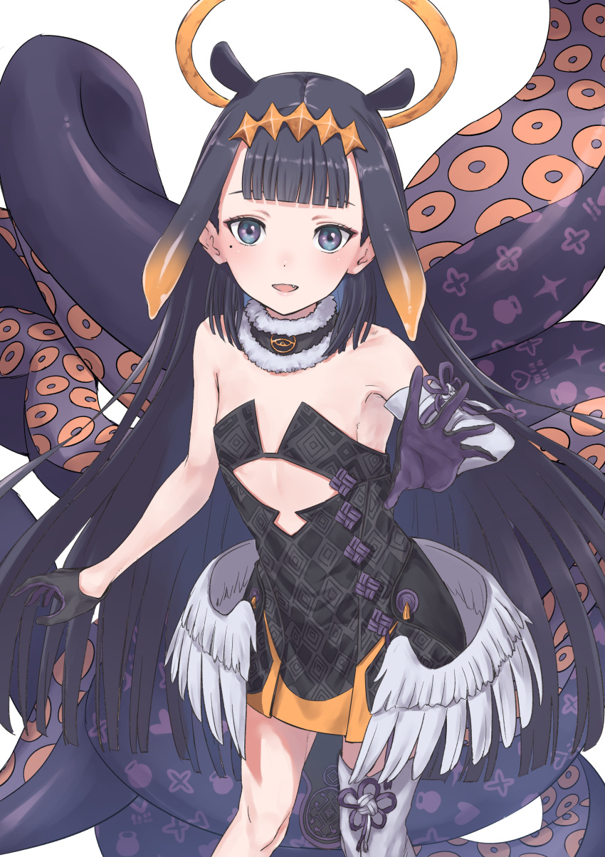 1girl :d absurdres armpits bangs bare_shoulders black_hair blue_eyes blunt_bangs dress fang flat_chest fur_trim g9_(jiiku) gloves halo highres hololive hololive_english long_hair mole mole_under_eye ninomae_ina'nis open_mouth simple_background single_arm_warmer single_thighhigh smile tentacle_hair tentacles thighhighs virtual_youtuber white_background wings