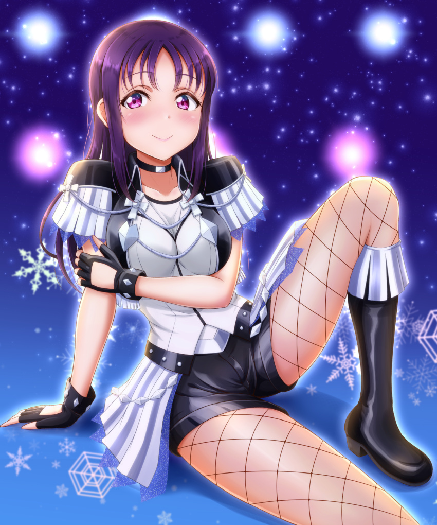 1girl arm_support black_footwear black_gloves black_shorts blue_background blush breasts choker ckst closed_mouth collarbone fingerless_gloves gloves highres kazuno_sarah long_hair looking_at_viewer love_live! love_live!_sunshine!! medium_breasts pink_eyes purple_hair saint_snow shiny shiny_hair short_shorts shorts sitting smile solo