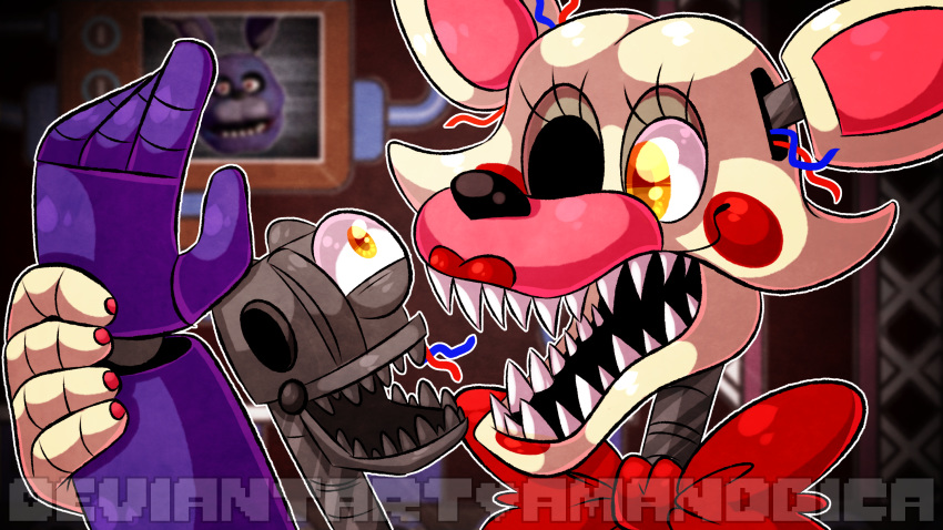2_heads amanddica ambiguous_gender animatronic black_nose bonnie_(fnaf) canid canine eyelashes fingers five_nights_at_freddy's five_nights_at_freddy's_2 fox grey_body happy hi_res lips lipstick looking_at_another machine makeup mammal mangle_(fnaf) multi_head nails open_mouth pink_body pink_inner_ear red_cheeks ribbons robot semi-anthro sharp_teeth signature teeth video_games white_body