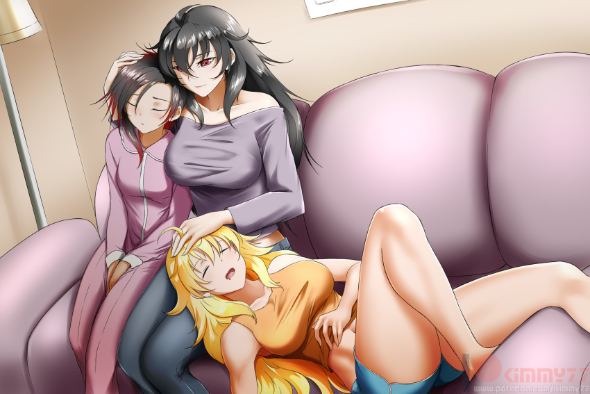 3girls ahoge alfred_cullado banned_artist blonde_hair blue_shorts breasts closed_eyes collarbone couch drooling dutch_angle gradient_hair grey_hair hand_on_another's_head highres indoors jacket lap_pillow long_hair lying medium_breasts mother_and_daughter multicolored_hair multiple_girls navel off-shoulder_shirt off_shoulder on_back open_mouth pajamas pants pink_jacket pink_pants purple_shirt raven_branwen red_eyes red_hair ruby_rose rwby shiny shiny_hair shirt short_shorts shorts sitting sleeping stomach tank_top very_long_hair watermark yang_xiao_long yellow_tank_top