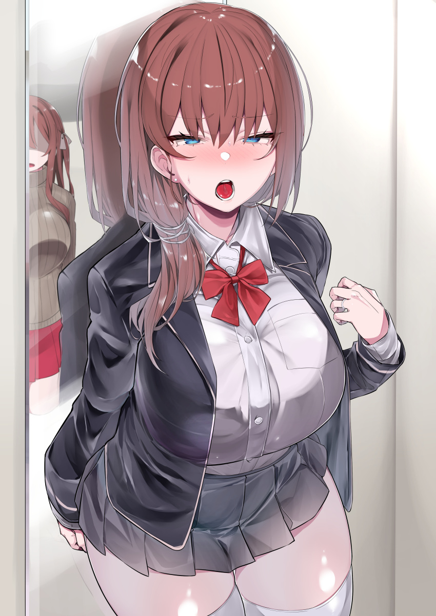 2girls absurdres bangs blue_eyes blush breasts brown_hair highres huge_breasts looking_at_viewer mirror mitsudoue multiple_girls open_mouth original reflection school_uniform short_hair skirt thighhighs