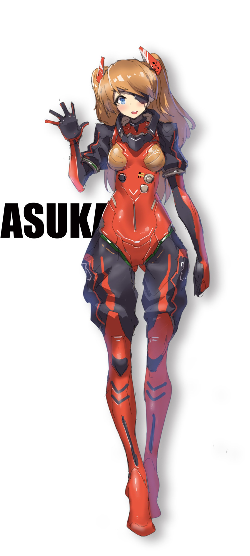 1girl absurdres adapted_costume blue_eyes blush bodysuit character_name eyebrows_visible_through_hair eyepatch full_body highres long_hair looking_at_viewer neon_genesis_evangelion orange_hair plugsuit red_bodysuit shizuoxing_kof solo souryuu_asuka_langley twintails upper_teeth waving white_background