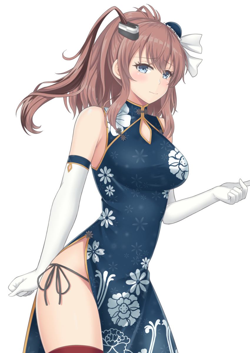 1girl blue_dress blue_eyes blush breasts brown_hair bun_cover china_dress chinese_clothes dress elbow_gloves eyebrows_visible_through_hair floral_print gloves hair_between_eyes highres kantai_collection large_breasts looking_at_viewer pelvic_curtain ponytail red_legwear saratoga_(kantai_collection) side_ponytail side_slit simple_background sleeveless sleeveless_dress solo standing string_panties thighhighs white_background white_gloves yamato_(083)