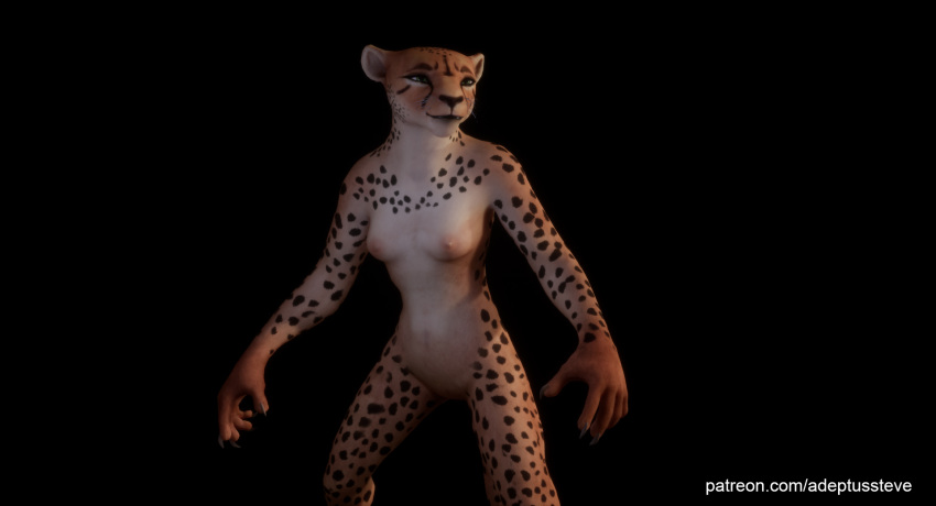 5_fingers adeptussteve anthro black_background black_claws black_eyebrows black_lips black_nose black_spots cheetah claws eyebrows felid feline female fingers green_eyes grey_whiskers half-closed_eyes hi_res lips looking_aside mammal narrowed_eyes nipples nude pink_nipples simple_background solo spots spotted_body video_games wild_life zuri zuri_(wild_life)