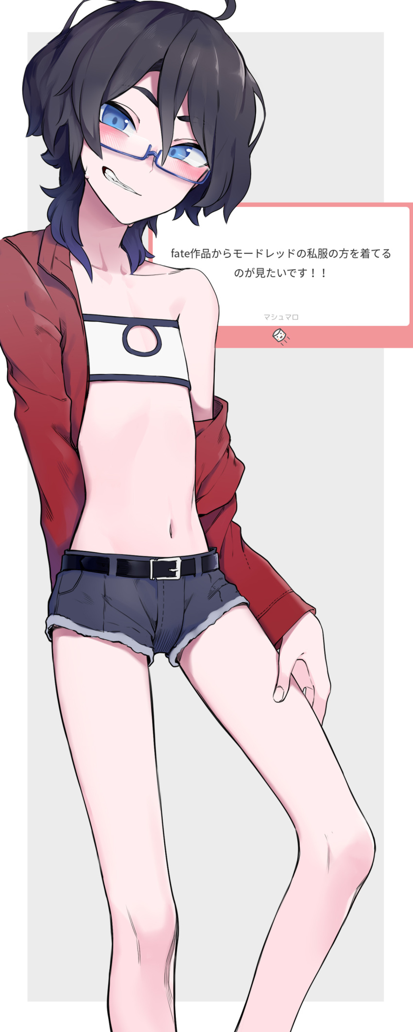 1boy absurdres belt black_belt blush border collarbone commentary_request cosplay crossdressing gradient gradient_background grin hand_on_own_leg highres indie_virtual_youtuber jacket kushizaki_(vtuber) mordred_(fate) mordred_(fate)_(all) mordred_(fate)_(cosplay) navel off-shoulder_jacket red_jacket short_shorts shorts single_bare_shoulder smile solo st_(youx1119) stomach translation_request virtual_youtuber white_border