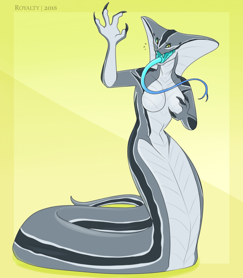 anthro apode blue_tongue breasts claws draconcopode fangs featureless_breasts female grey_body grey_scales hi_res implied_transformation long_tongue naga non-mammal_breasts open_mouth reptile royalty_(artist) scales scalie serpentine sharp_teeth six_(onom) snake snake_hood solo teeth tongue video_games viper_(x-com) wide_hips x-com