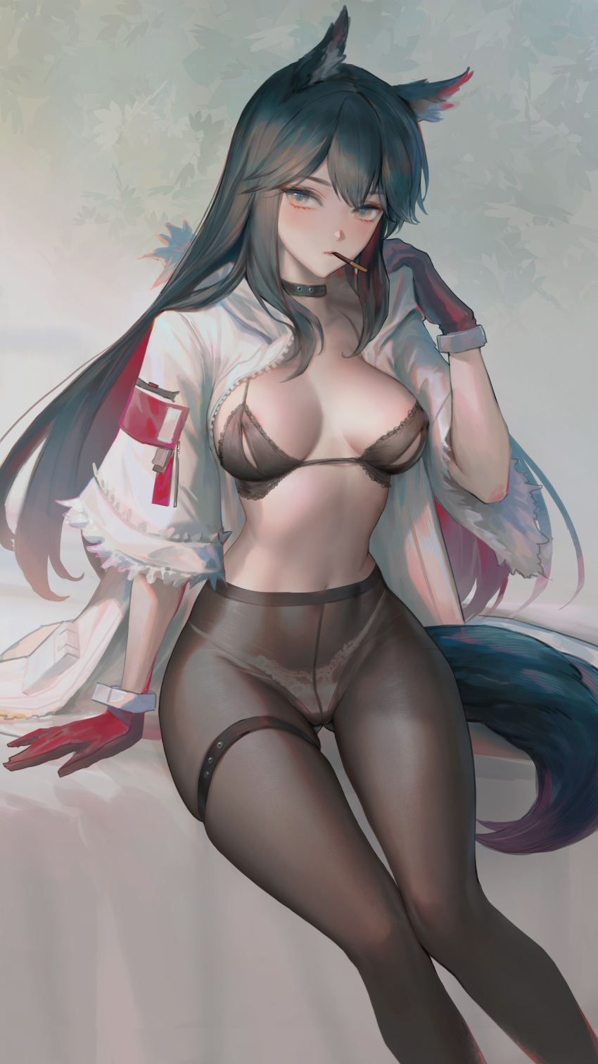 1girl absurdres animal_ears arknights arm_support black_bra black_choker black_hair bra breasts brown_eyes choker feet_out_of_frame food food_in_mouth gloves hand_up highres jacket long_hair looking_at_viewer medium_breasts mouth_hold open_clothes open_jacket panties panties_under_pantyhose pantyhose pocky red_gloves sitting solo stomach tail texas_(arknights) thigh_strap thighs underwear very_long_hair white_jacket wolf_ears wolf_tail youyi_(jiam009)