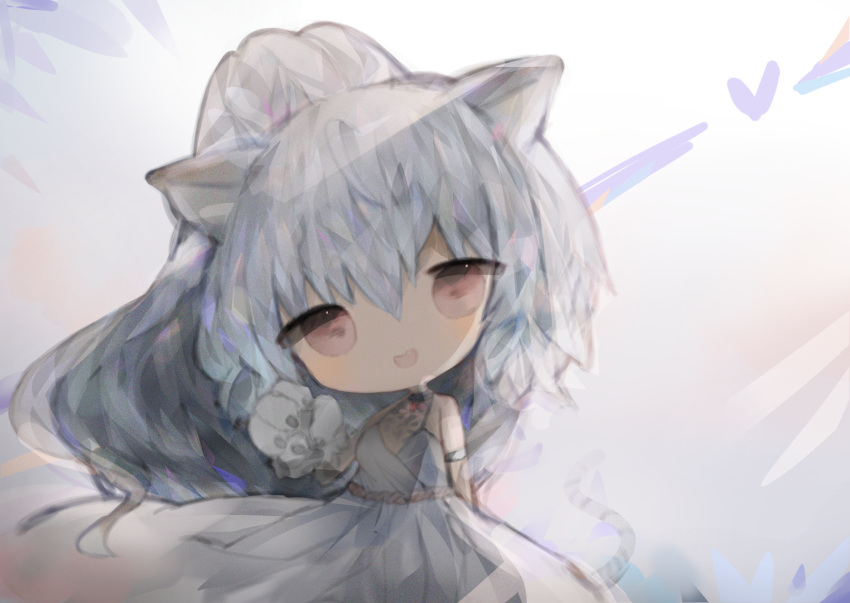 1girl :d animal_ears bangs bare_shoulders breasts brown_eyes character_request commentary_request cottontailtokki dress gloves grey_hair hair_between_eyes hand_up head_tilt heart high_ponytail highres looking_at_viewer open_mouth paw_gloves paws ponytail shadowverse sleeveless sleeveless_dress small_breasts smile solo white_dress white_gloves