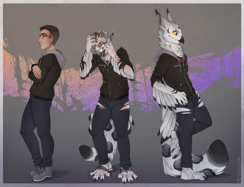 anthro avian beak bird bottomwear bubo_(genus) chest_tuft clothed clothing drpickelle eyewear feathers felid fluffy fluffy_tail footwear fully_clothed fur glasses grey_body grey_feathers human human_to_anthro hybrid male mammal owl pantherine pants shoes smile snow_leopard snowy_owl solo species_transformation spots spotted_body spotted_fur torn_clothing torn_shoes transformation true_owl tuft yellow_eyes