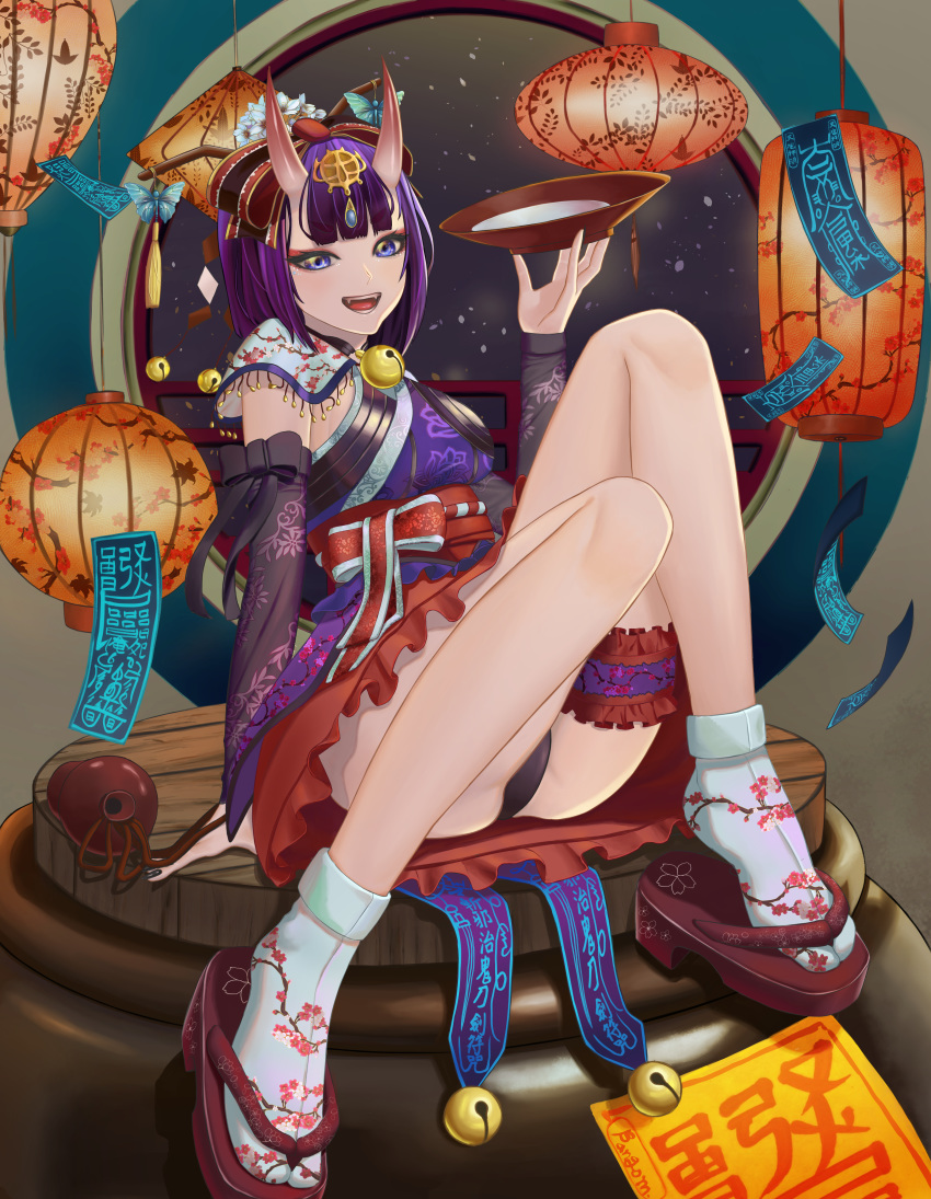 1girl absurdres alcohol bangom_r bangs bare_shoulders bell bob_cut bow breasts cup detached_sleeves eyeliner fate/grand_order fate_(series) hair_bow headpiece highres horns huge_filesize japanese_clothes jingle_bell kimono lantern leaning_back leg_garter legs looking_at_viewer makeup oni oni_horns open_mouth paper_lantern pot purple_eyes purple_hair purple_kimono sakazuki sake sandals sash short_hair shuten_douji_(fate/grand_order) skin-covered_horns sleeveless sleeveless_kimono small_breasts smile socks wide_sleeves window