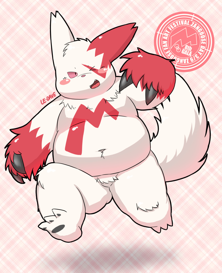 2016 absurd_res anthro belly blush debudave_12 fur hi_res kemono nintendo one_eye_closed overweight overweight_anthro pok&eacute;mon pok&eacute;mon_(species) red_body red_fur solo video_games white_body white_fur wink zangoose zangoose_day