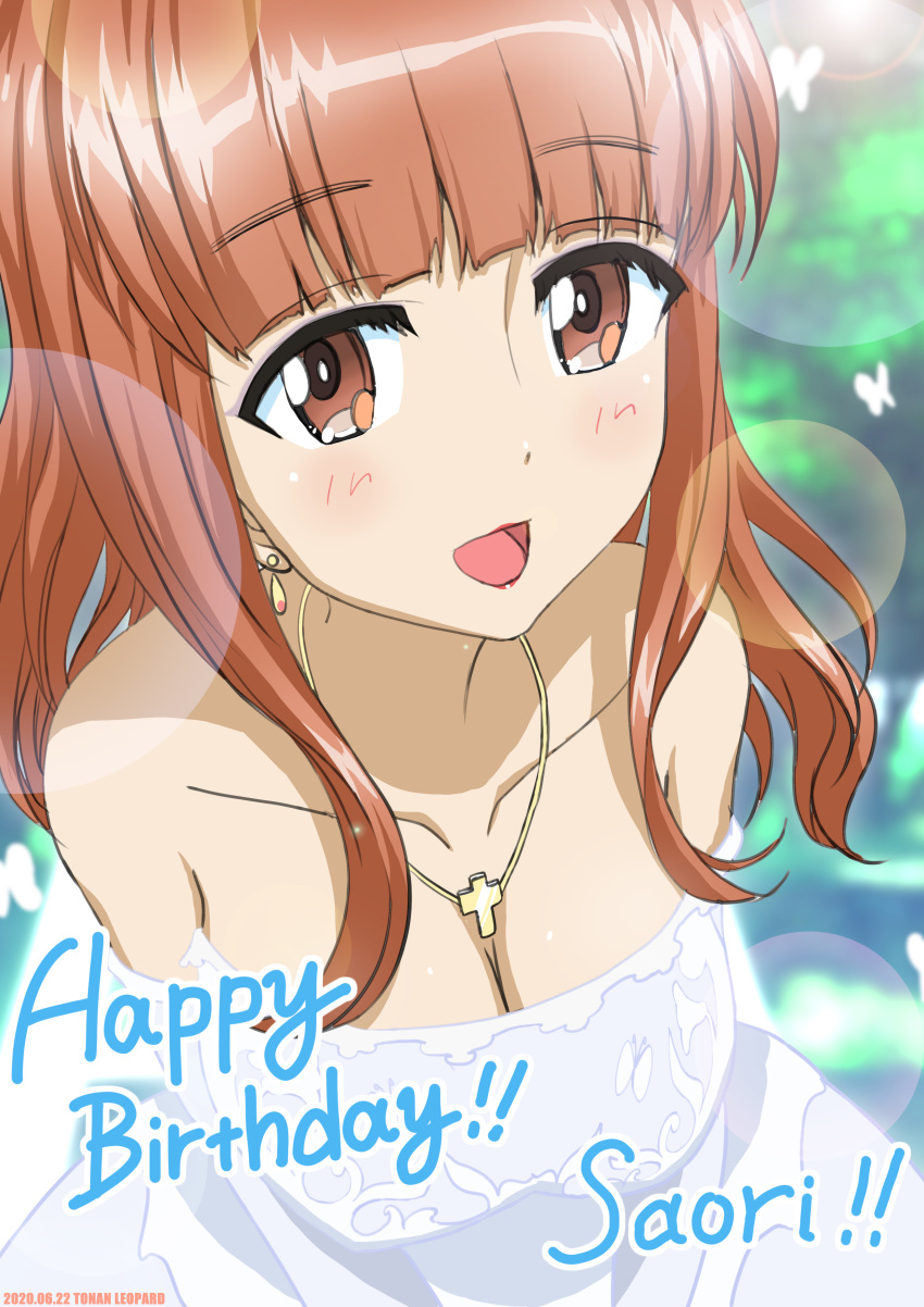 1girl :d absurdres artist_name bangs bare_shoulders blunt_bangs blurry blurry_background bokeh breasts bug butterfly character_name cleavage commentary cross cross_necklace dated day depth_of_field dress earrings elbow_gloves english_text eyebrows_visible_through_hair girls_und_panzer gloves happy_birthday highres insect jewelry large_breasts leaning_forward long_hair looking_at_viewer necklace open_mouth orange_eyes orange_hair outdoors smile solo standing strapless strapless_dress takebe_saori tonan_leopard upper_body wedding_dress white_dress white_gloves