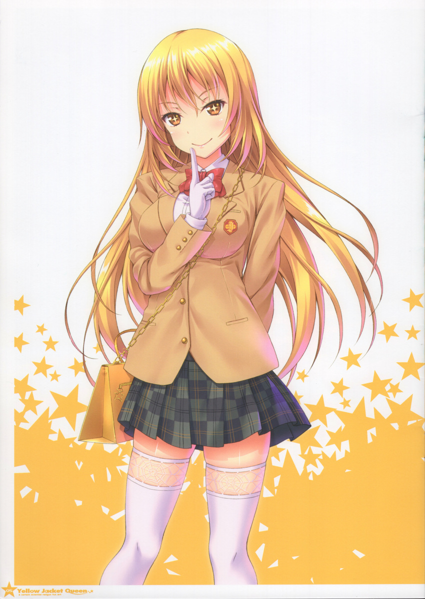 1girl absurdres bag bangs blazer blonde_hair breasts buttons closed_mouth gloves hand_up highres jacket lips long_sleeves looking_at_viewer medium_breasts pleated_skirt scan school_uniform shiny shiny_hair shiny_skin shokuhou_misaki simple_background skirt smile solo star_(symbol) starry_background symbol-shaped_pupils thighhighs to_aru_kagaku_no_railgun to_aru_majutsu_no_index uehara_yukihiko white_background white_gloves white_legwear zettai_ryouiki
