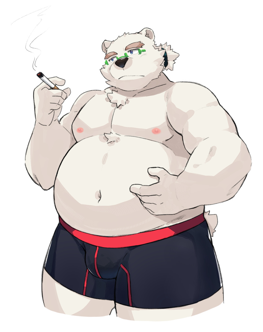 2020 anthro belly bulge clothing eyewear fur glasses hi_res humanoid_hands jerry_5779 kemono leib_(tas) male mammal nipples overweight overweight_anthro overweight_male polar_bear simple_background solo tokyo_afterschool_summoners underwear ursid ursine video_games white_background white_body white_fur